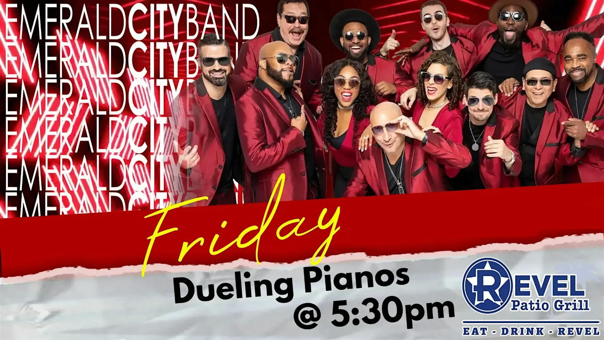 Thirteen band members in red pose; text: "Friday Dueling Pianos @ 5:30pm REVEL Patio Grill."