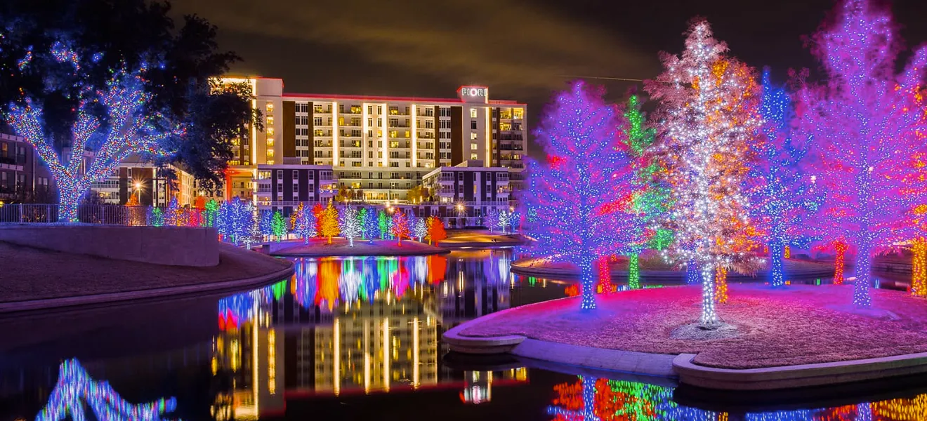 Holiday lights in tress overlooking a lake