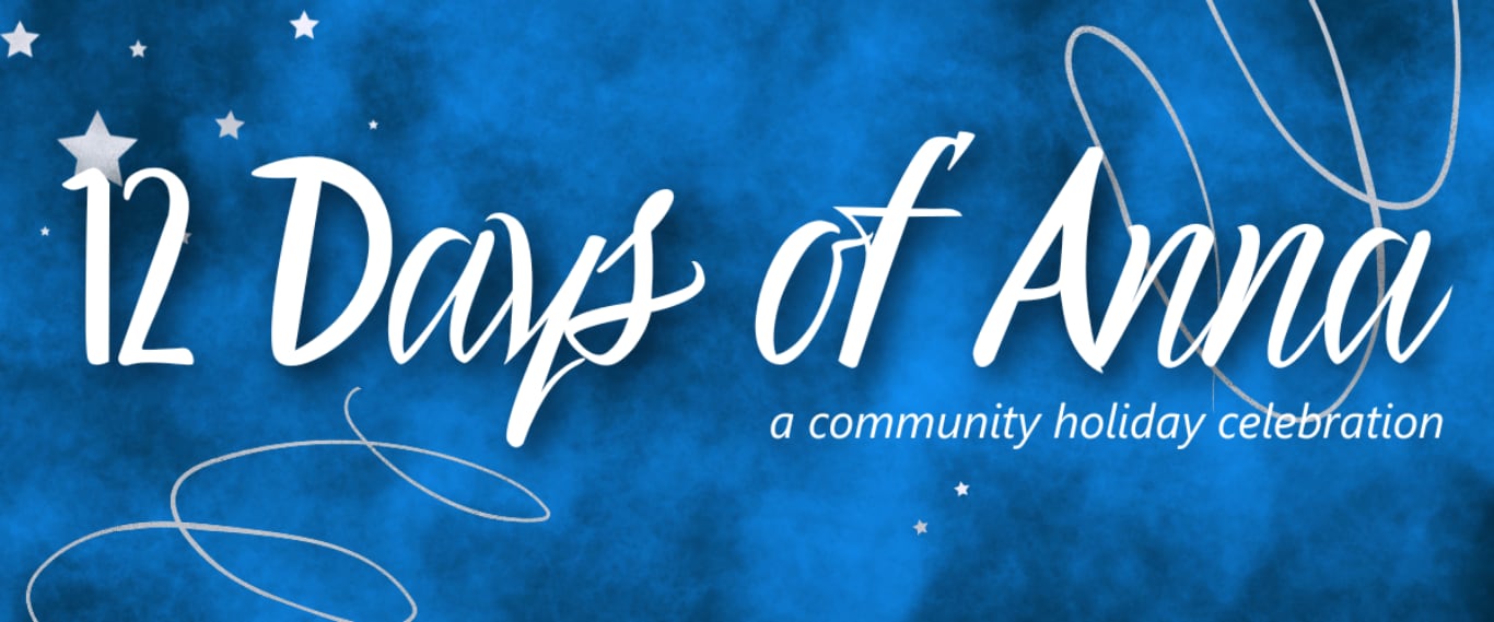 12 Days of Anna on a blue background with stars and swirl designs.