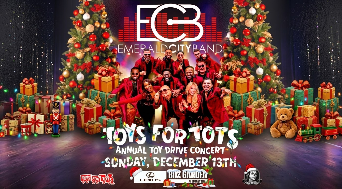 People in red suits pose in front of Christmas trees and gifts, promoting a Toys for Tots concert.