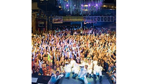 Large, cheering crowd at a nighttime outdoor concert with bright stage lights.