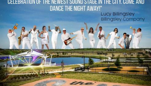 Band members in white outfits above an outdoor stage and a park with "the Sound" written on pavement.