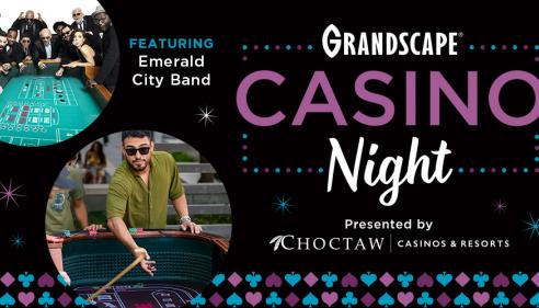 Flyer for GRandscape Casino Night featuring people playing poker and Emerald City Band