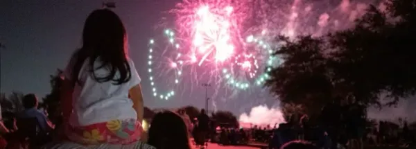 Child on shoulders watching colorful fireworks at night, surrounded by people and trees.