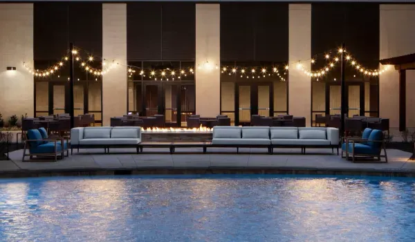 Pool and deck with string lights