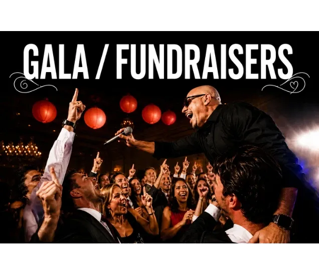 Singer performing energetically on stage at a lively gala fundraiser event.