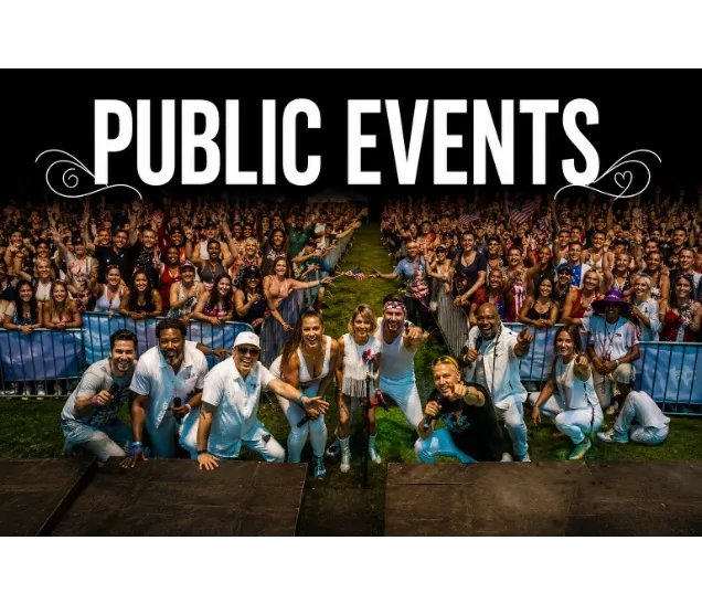 Band posing on stage with a large cheering crowd outdoors, "Public Events" text above.