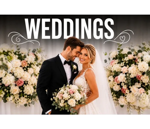 Smiling bride and groom holding bouquets in front of floral wedding backdrop.