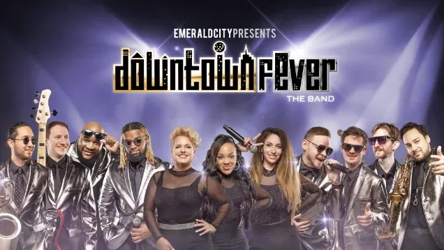 Band members in silver outfits posing together under "Downtown Fever The Band" logo.
