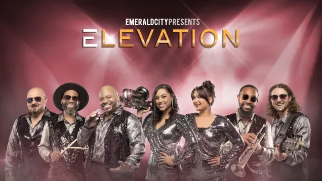 Seven band members in matching silver outfits pose under the word "Elevation" on a pink background.