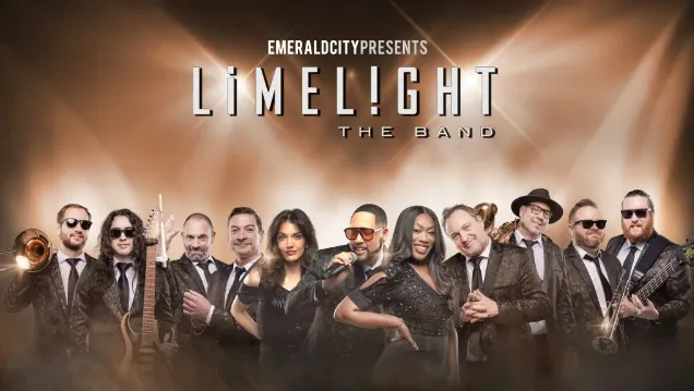 Twelve band members in formal attire posing with musical instruments under stage lights.