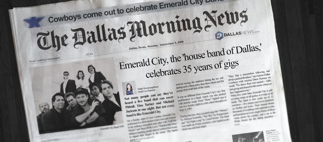 The Dallas Morning News front page with a band photo and article headline about Emerald City.