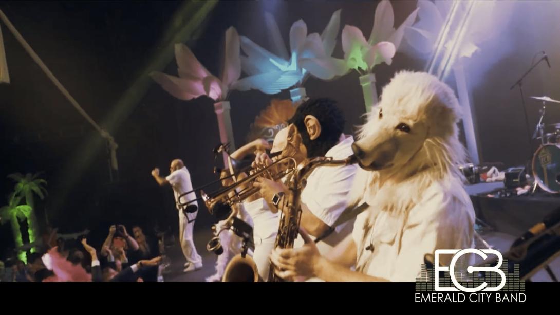 Members of Emerald City Band performing on stage in front of a large crowd