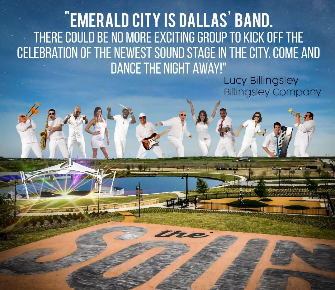 Band members in white outfits above an outdoor stage and a park with "the Sound" written on pavement.